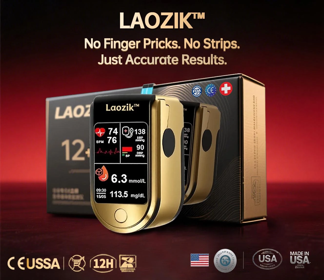 LaozikTM Professional 12in1 Glucose & Vital Signs Monitor-Painless, Fast, Precise& FDA-Backed (Made in California, USA)